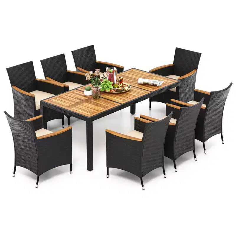 Costway 9 PCS Outdoor Dining Set with Acacia Wood Tabletop, Umbrella Hole, Seat Cushions