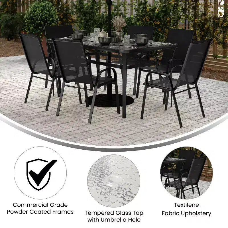 Flash Furniture Brazos 7 Piece Commercial Grade Patio Dining Set with Tempered Glass Patio Table and 6 Chairs with Flex Comfort Material Seats and Backs