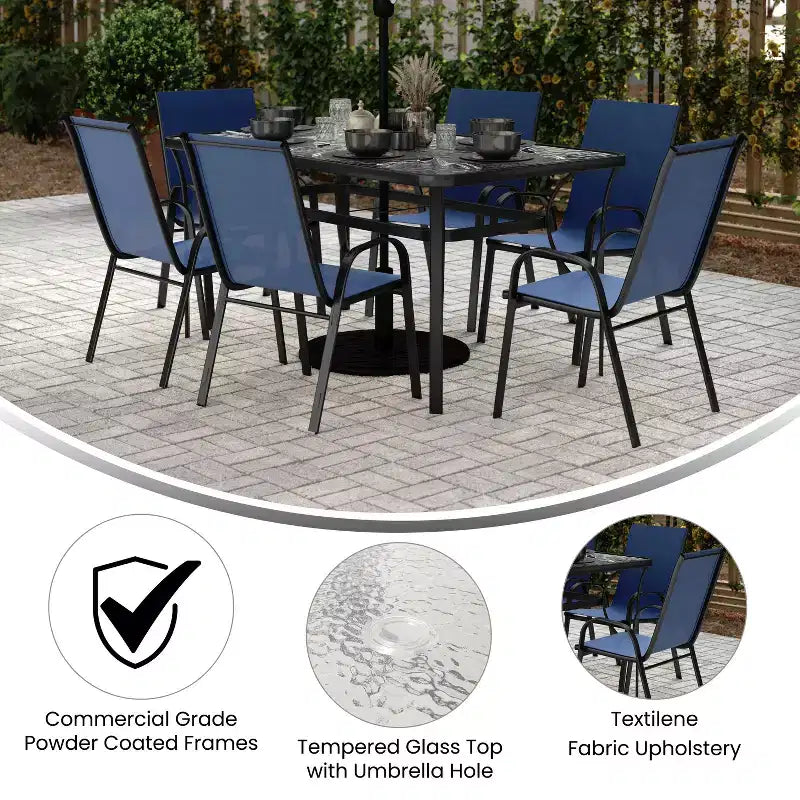 Flash Furniture Brazos 7 Piece Commercial Grade Patio Dining Set with Tempered Glass Patio Table and 6 Chairs with Flex Comfort Material Seats and Backs