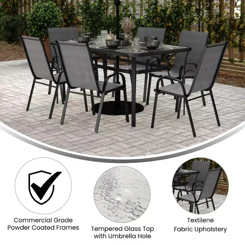 Flash Furniture Brazos 7 Piece Commercial Grade Patio Dining Set with Tempered Glass Patio Table and 6 Chairs with Flex Comfort Material Seats and Backs