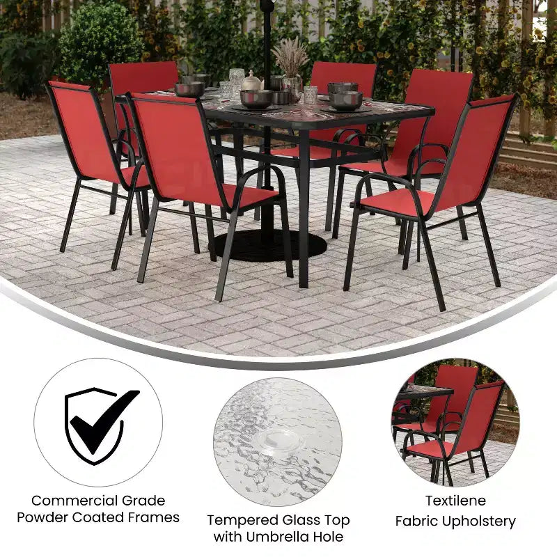 Flash Furniture Brazos 7 Piece Commercial Grade Patio Dining Set with Tempered Glass Patio Table and 6 Chairs with Flex Comfort Material Seats and Backs