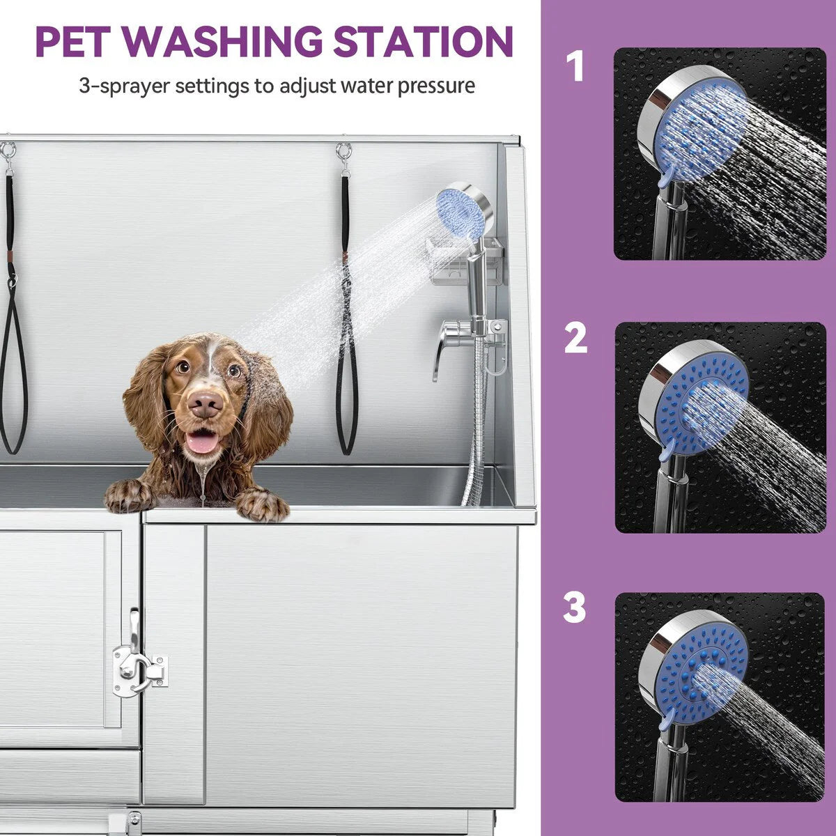 Baignoire de toilettage pour animaux de compagnie réglable, 50 W, en acier inoxydable, avec rampe à marches