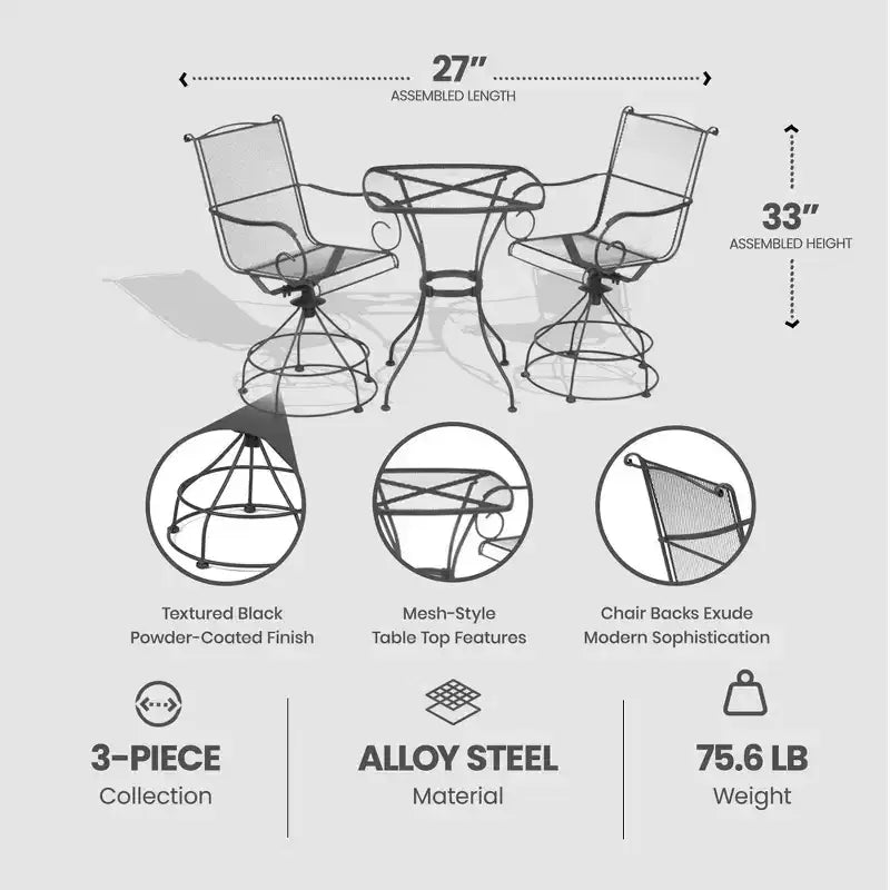 Woodard Uptown 3 Piece Steel Bistro and Balcony Set with Swivel Motion Chairs, Table, 250 Pound Weight Capacity, and Powder Coated Finish, Black