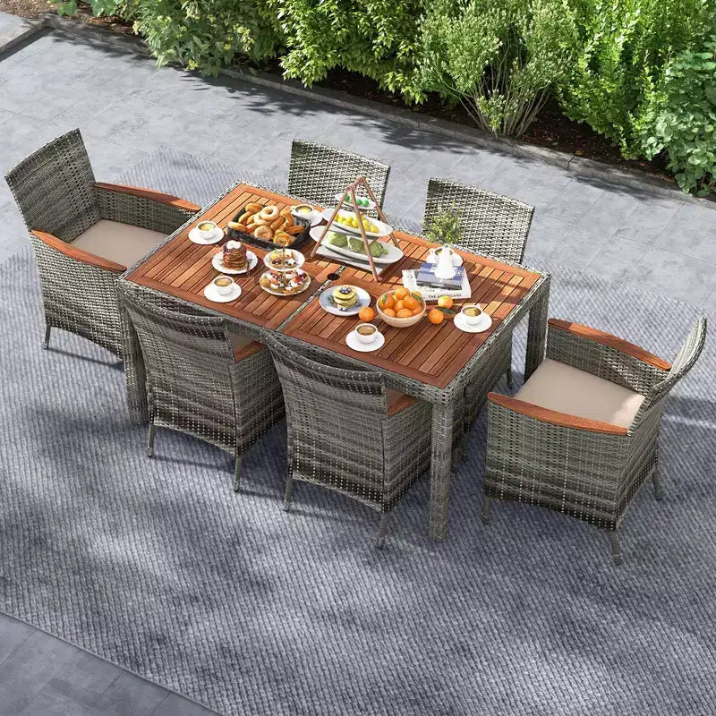 Costway 7 Pieces Outdoor Wicker Dining Set with Acacia Wood Table and 6 Armchairs