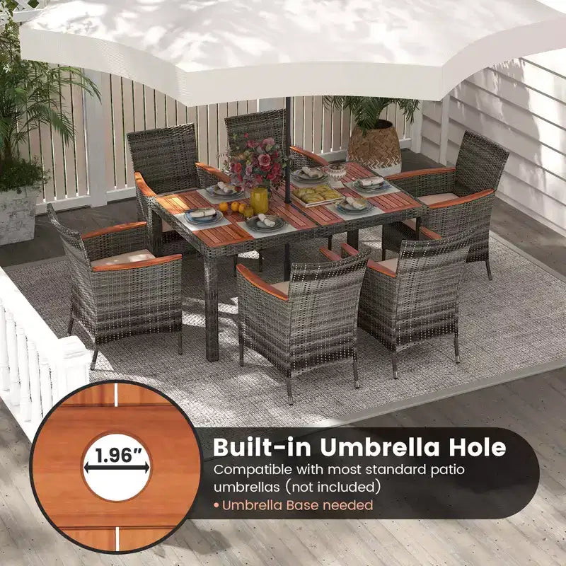 Costway 7 Pieces Outdoor Wicker Dining Set with Acacia Wood Table and 6 Armchairs