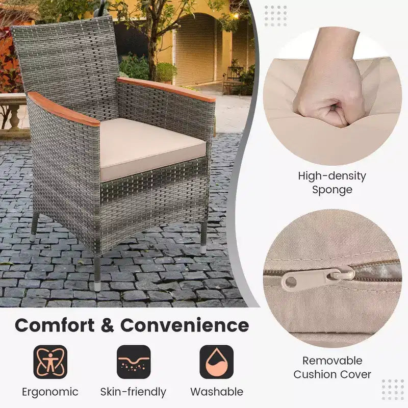 Costway 7 Pieces Outdoor Wicker Dining Set with Acacia Wood Table and 6 Armchairs