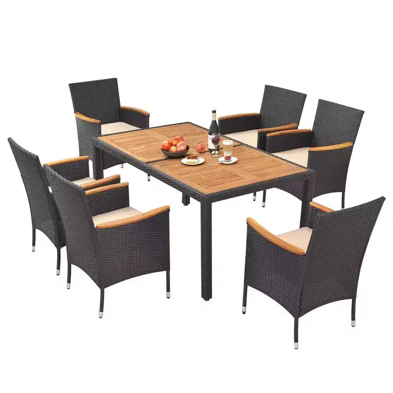 Costway Ensemble de salle à manger d'extérieur 7 pièces pour 6 personnes avec trou pour parasol Plateau de table en bois d'acacia Noir et Naturel au bord de la piscine