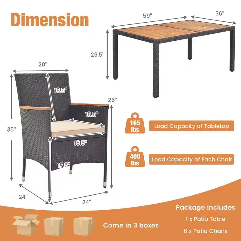 Costway Ensemble de salle à manger d'extérieur 7 pièces pour 6 personnes avec trou pour parasol Plateau de table en bois d'acacia Noir et Naturel au bord de la piscine