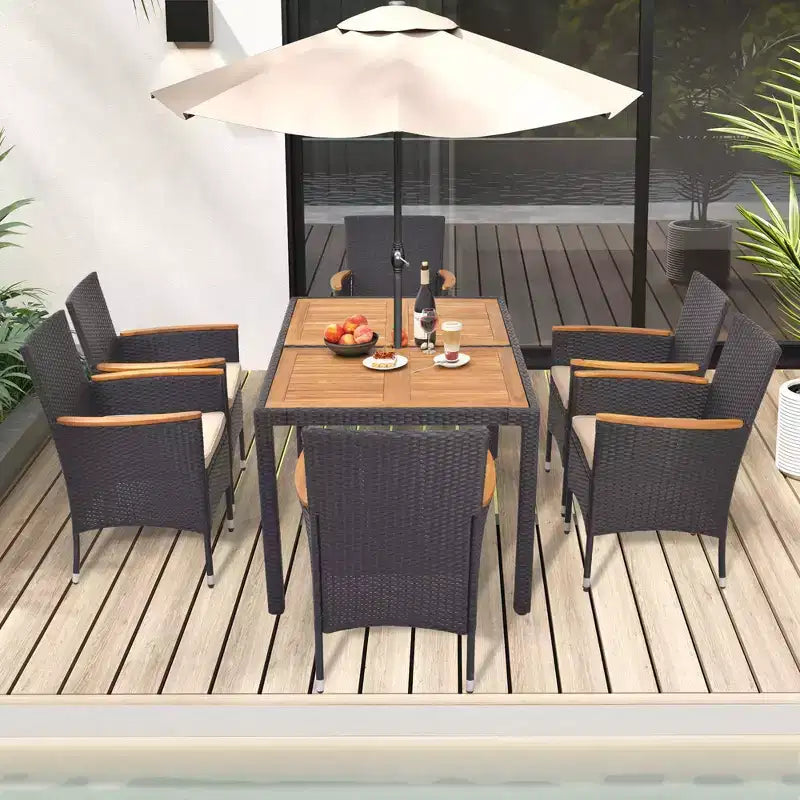 Costway Ensemble de salle à manger d'extérieur 7 pièces pour 6 personnes avec trou pour parasol Plateau de table en bois d'acacia Noir et Naturel au bord de la piscine