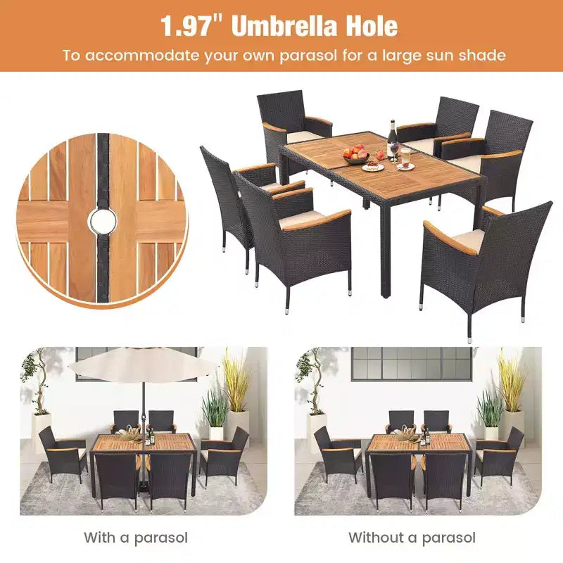 Costway Ensemble de salle à manger d'extérieur 7 pièces pour 6 personnes avec trou pour parasol Plateau de table en bois d'acacia Noir et Naturel au bord de la piscine