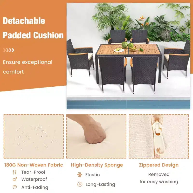 Costway Ensemble de salle à manger d'extérieur 7 pièces pour 6 personnes avec trou pour parasol Plateau de table en bois d'acacia Noir et Naturel au bord de la piscine