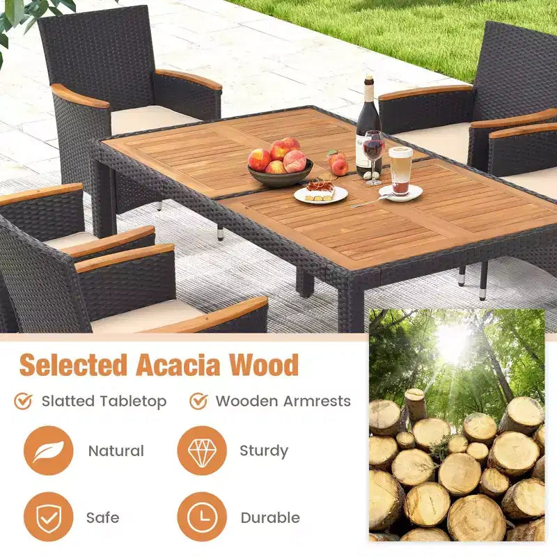 Costway Ensemble de salle à manger d'extérieur 7 pièces pour 6 personnes avec trou pour parasol Plateau de table en bois d'acacia Noir et Naturel au bord de la piscine