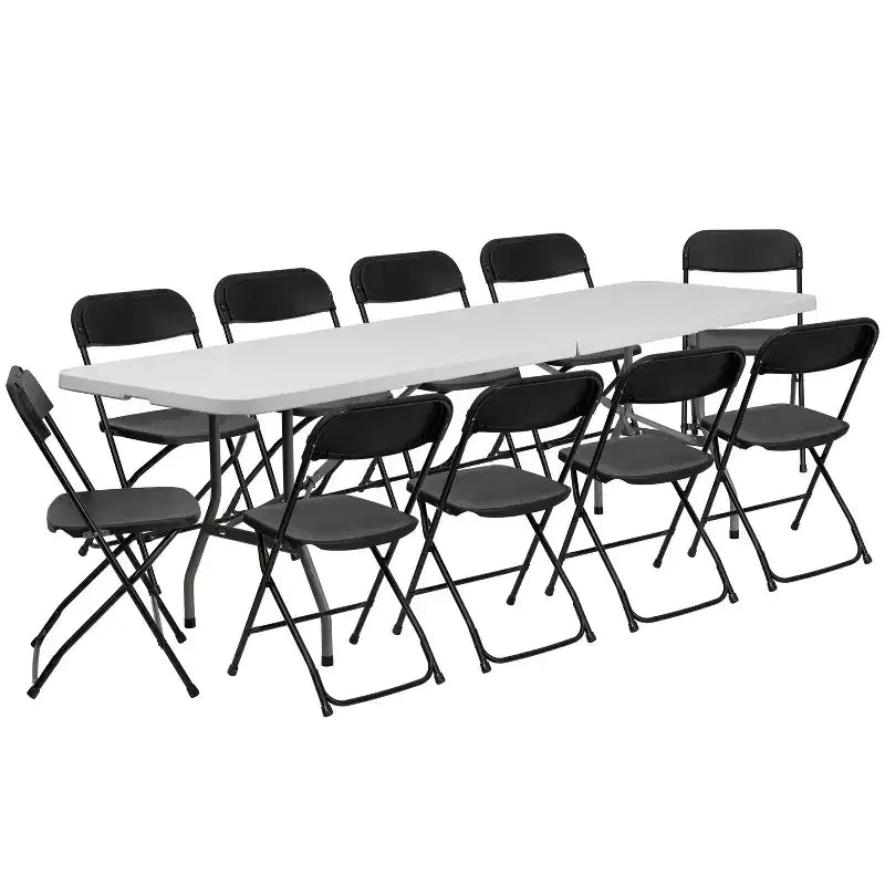 Emma and Oliver 8 Bi-Fold White Plastic Event/Training Folding Table Set w/ 10 Folding Chairs