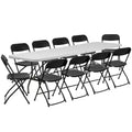 Emma and Oliver 8 Bi-Fold White Plastic Event/Training Folding Table Set w/ 10 Folding Chairs