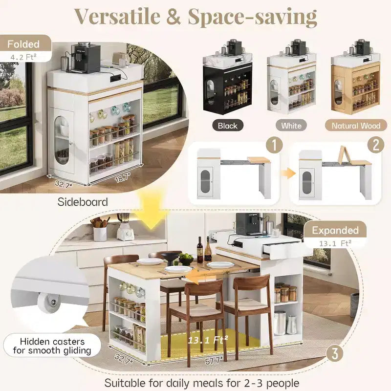 Whisen Extendable Dining Table, Mobile Rolling Island Table with 3 Removable Middle Leaves, Storage Cabinet