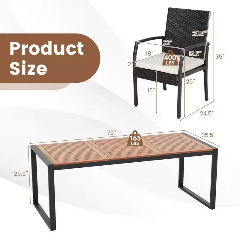 Costway 9 Pieces Patio Rattan Dining Set with Acacia Wood Table, 1.9 Umbrella Hole