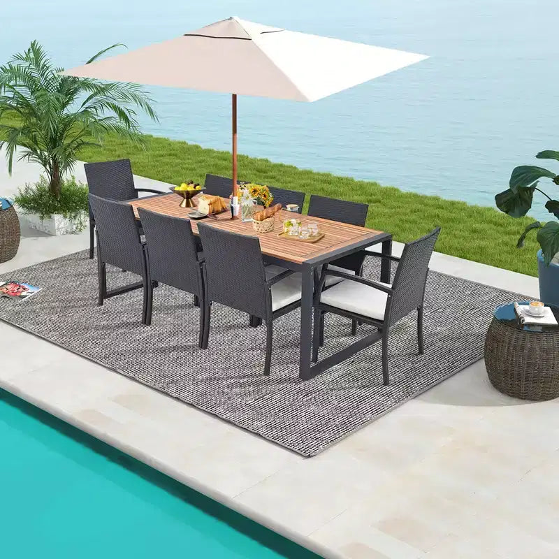 Costway 9 Pieces Patio Rattan Dining Set with Acacia Wood Table, 1.9 Umbrella Hole