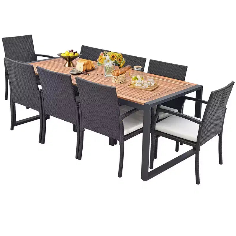 Costway 9 Pieces Patio Rattan Dining Set with Acacia Wood Table, 1.9 Umbrella Hole