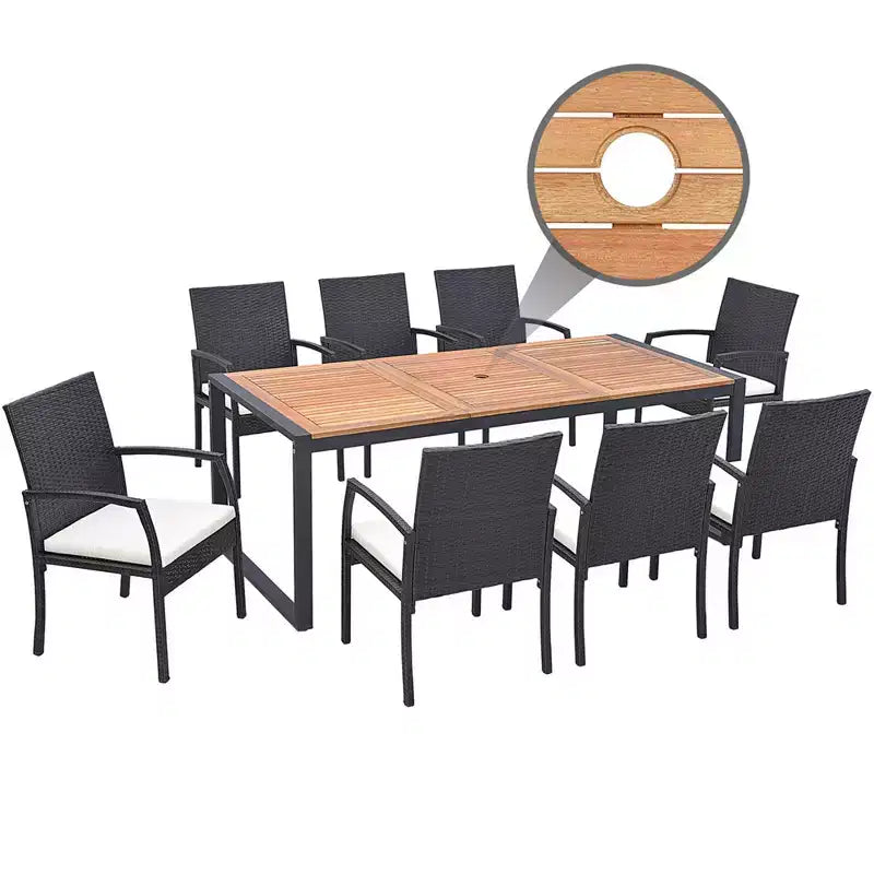 Costway 9 Pieces Patio Rattan Dining Set with Acacia Wood Table, 1.9 Umbrella Hole