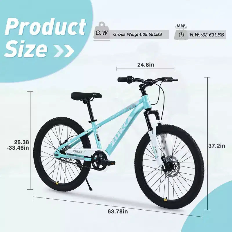 NAYSAYE 24 Inch Mountain Bike Kids Bike with Suspension Fork Steel Frame for Kids Aged 9 to 12 Years, Cyan, 63.78*24.8*37.2