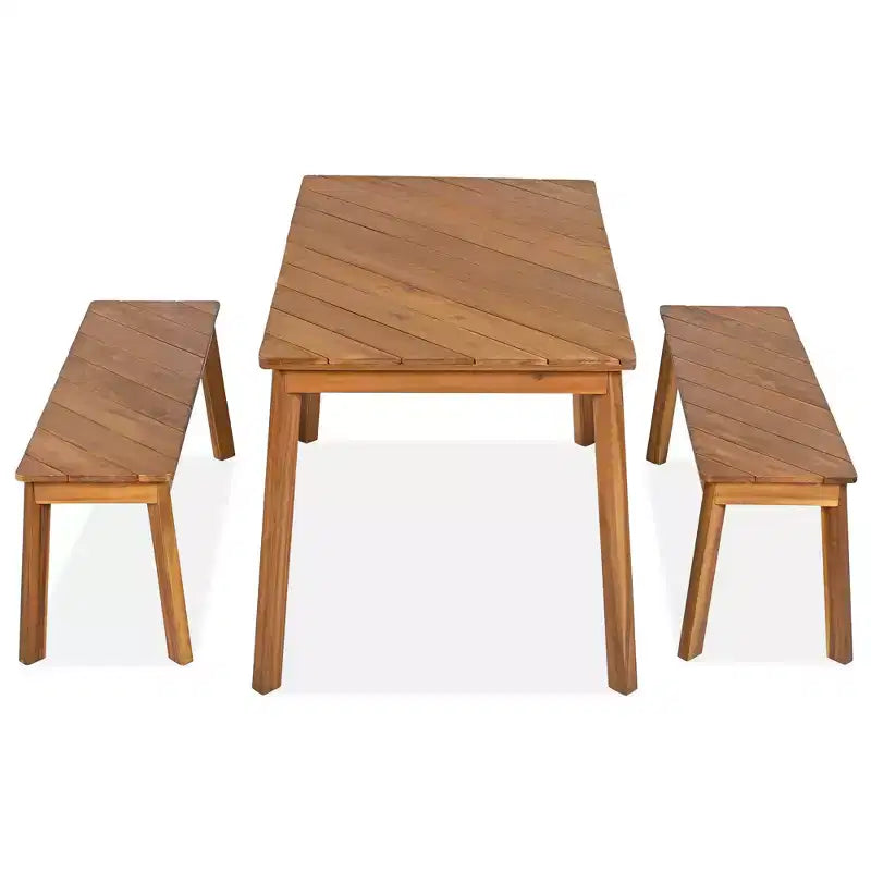 3pc Outdoor Patio Acacia Wood Table Bench Dining Set, Picnic Beer Table With 2 Benches 4A, Natural -ModernLuxe