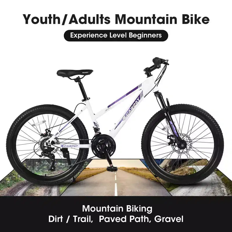 Okak 24/26IN Mountain Bike with 21 Speeds and Dual Disc Brakes, Kids Bike with 100mm Front Suspension, Dirt Bike for Teenagers and Women