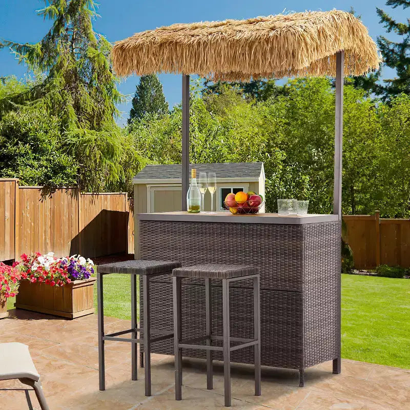 EROMMY Outdoor Tiki Bar Set, Wicker Patio Bar w/2 Stools, Storage Shelf for Backyard Poolside Garden