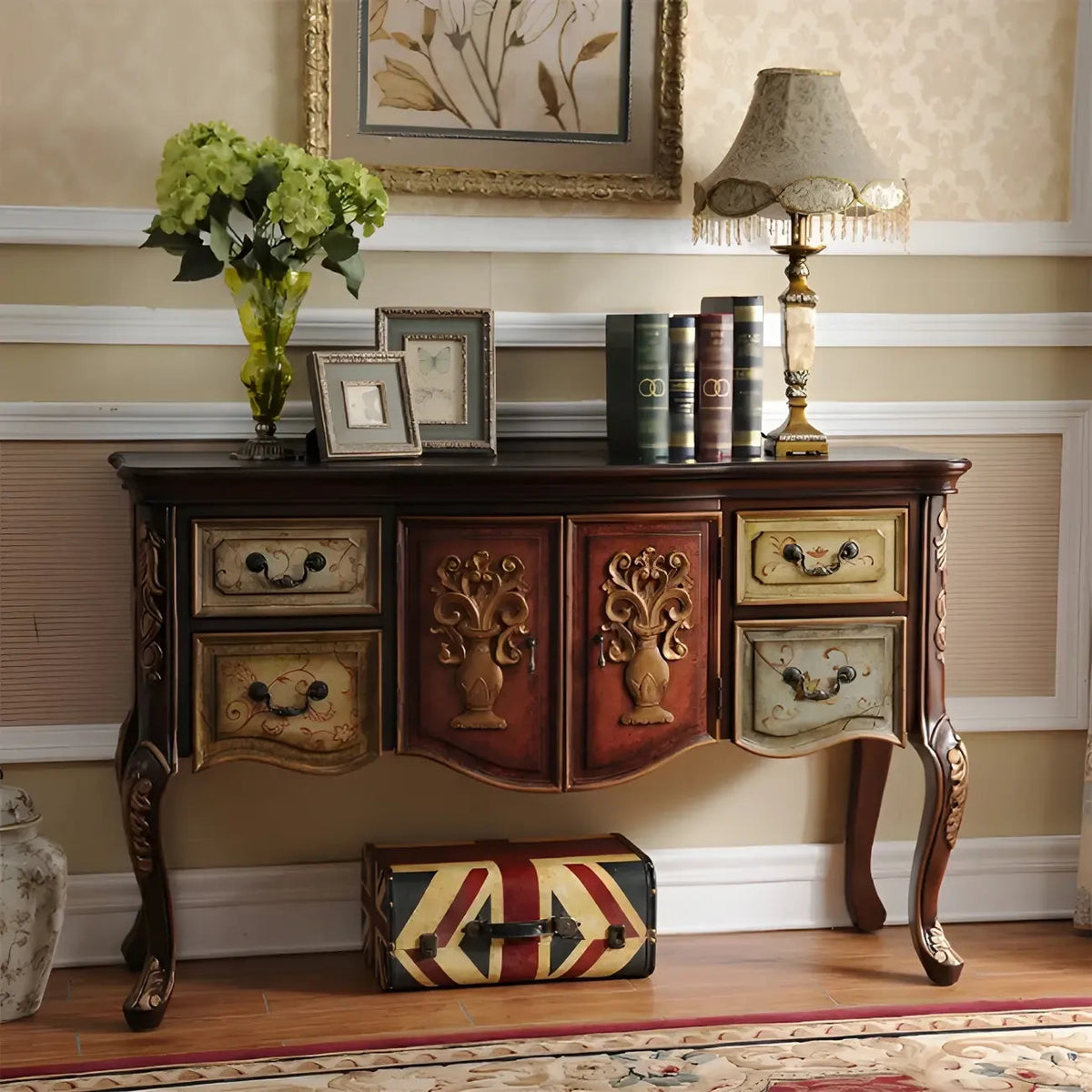 French Coffee Wood Storage Console Table with Drawers