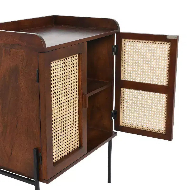 Storied Home Boho Solid Wood Bar Cabinet with Metal Legs and Woven Cane Doors