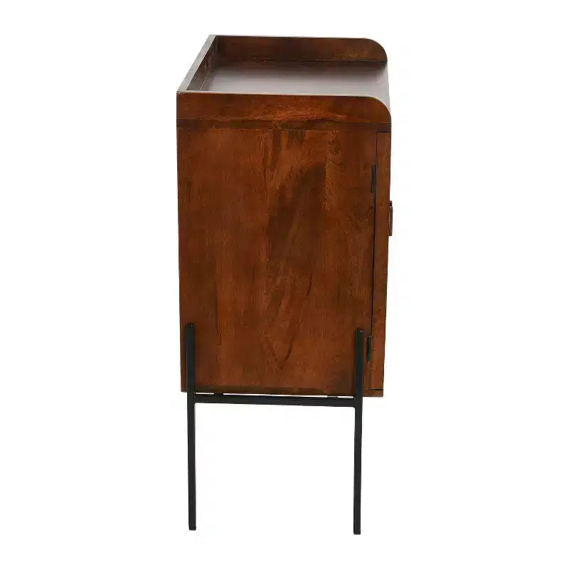 Storied Home Boho Solid Wood Bar Cabinet with Metal Legs and Woven Cane Doors