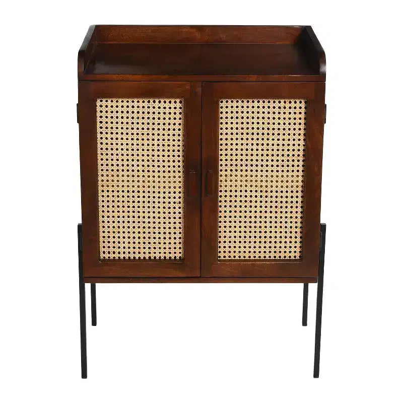 Storied Home Boho Solid Wood Bar Cabinet with Metal Legs and Woven Cane Doors