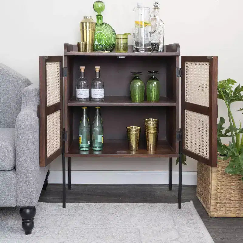 Storied Home Boho Solid Wood Bar Cabinet with Metal Legs and Woven Cane Doors