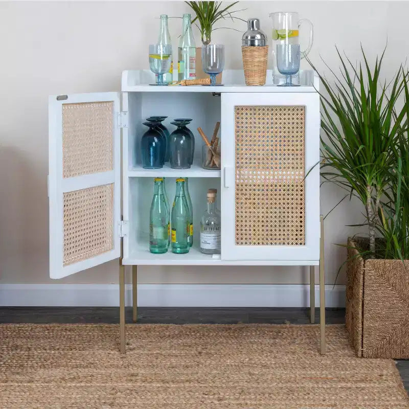 Storied Home Boho Solid Wood Bar Cabinet with Metal Legs and Woven Cane Doors