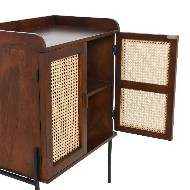 Storied Home Boho Solid Wood Bar Cabinet with Metal Legs and Woven Cane Doors