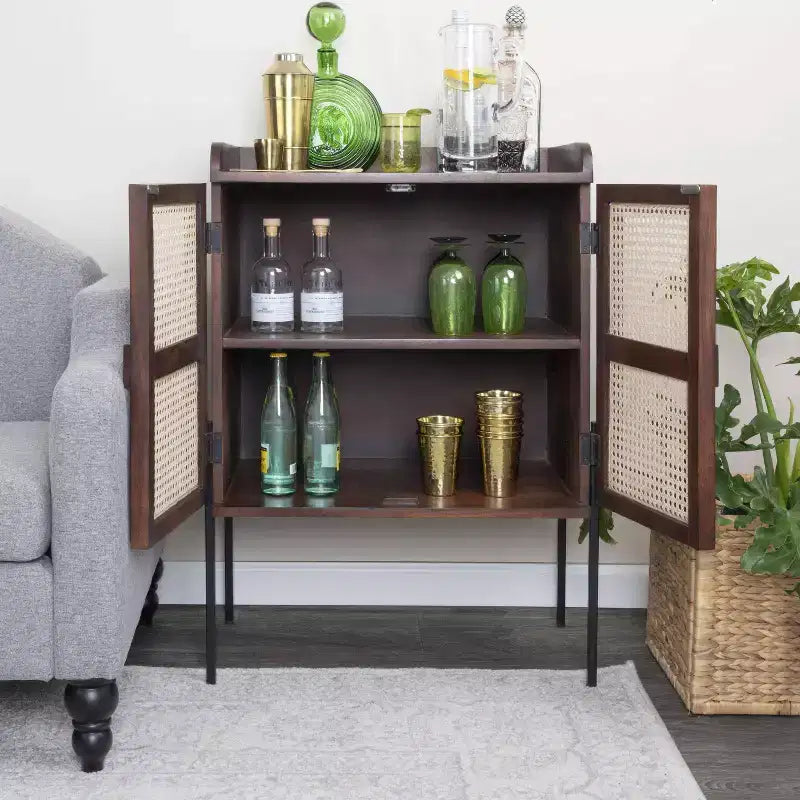 Storied Home Boho Solid Wood Bar Cabinet with Metal Legs and Woven Cane Doors