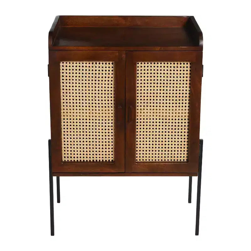 Storied Home Boho Solid Wood Bar Cabinet with Metal Legs and Woven Cane Doors