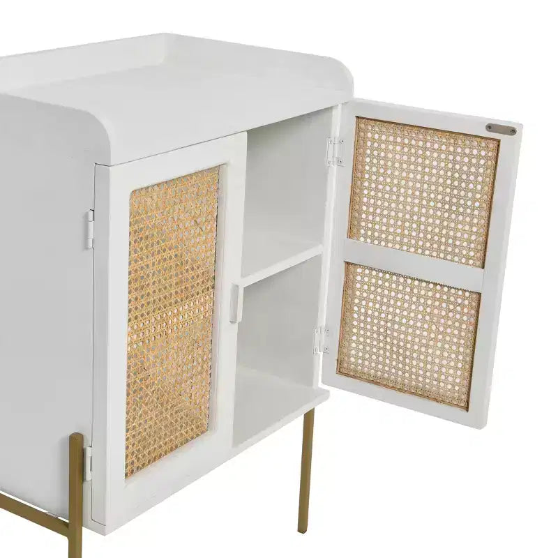 Storied Home Boho Solid Wood Bar Cabinet with Metal Legs and Woven Cane Doors