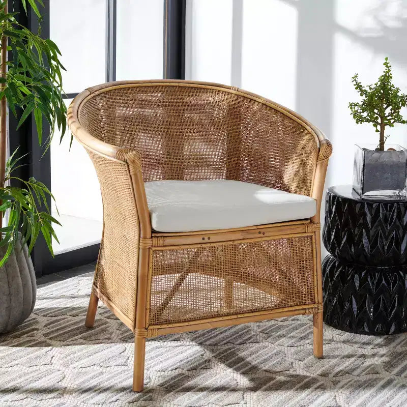 Jessica Rattan Accent Chair W/ Cushion - ACH6519A - White/Honey Brown Wash - Safavieh