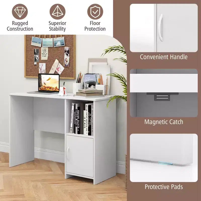 Costway Modern Computer Desk with Cabinet Cable Holes & Open Shelf Storage for Home Office