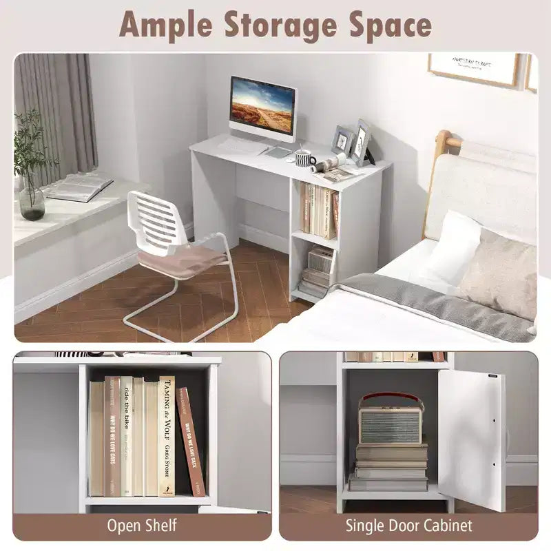 Costway Modern Computer Desk with Cabinet Cable Holes & Open Shelf Storage for Home Office