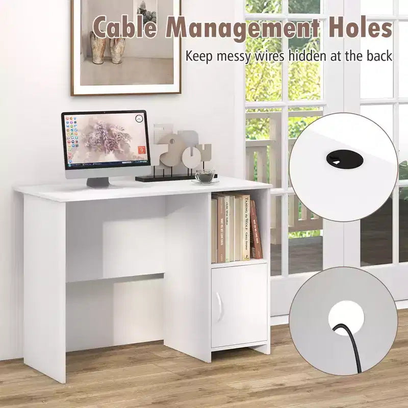 Costway Modern Computer Desk with Cabinet Cable Holes & Open Shelf Storage for Home Office
