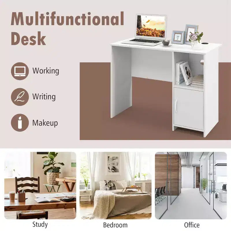 Costway Modern Computer Desk with Cabinet Cable Holes & Open Shelf Storage for Home Office