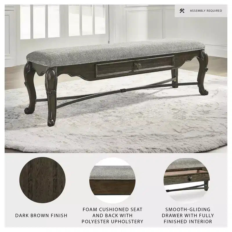 Signature Design by Ashley Maylee 63 Dining Bench, Dark Brown with Storage Drawer and Cushioned Seat