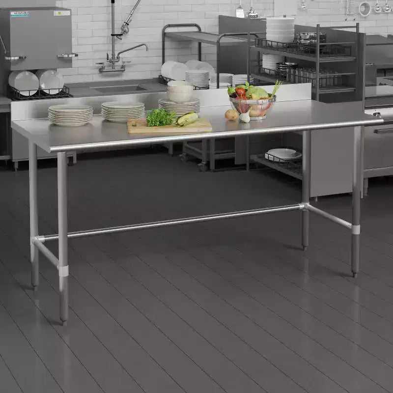 Flash Furniture Reese Commercial Grade 430 Stainless Steel 18 Gauge NSF Certified Open Base Kitchen Prep and Work Table with 4 Backsplash