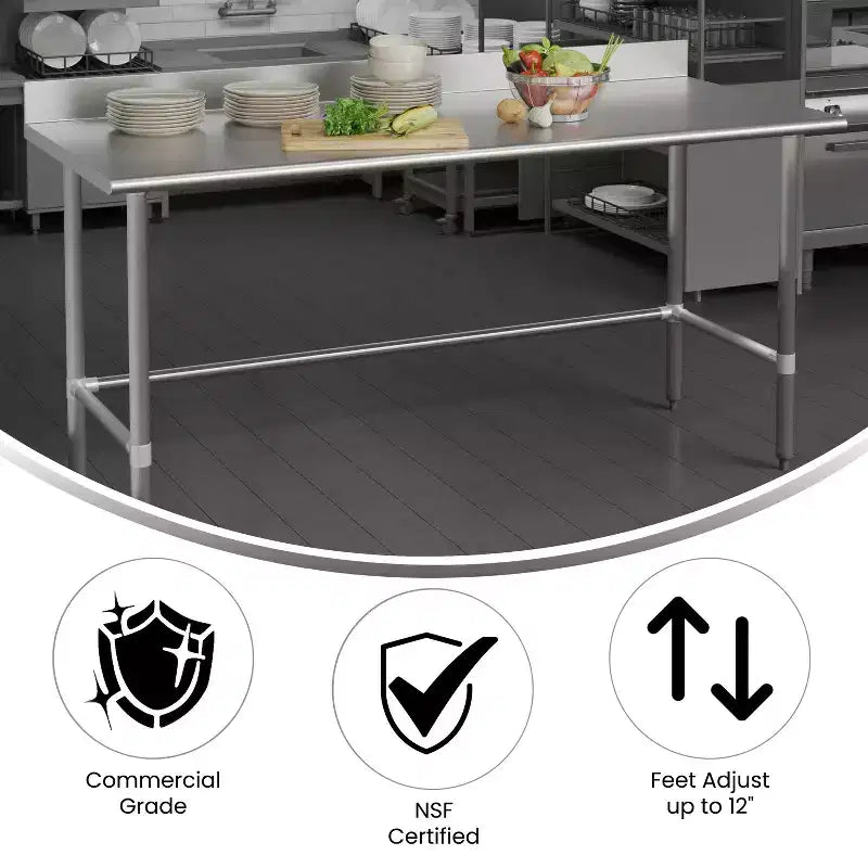 Flash Furniture Reese Commercial Grade 430 Stainless Steel 18 Gauge NSF Certified Open Base Kitchen Prep and Work Table with 4 Backsplash