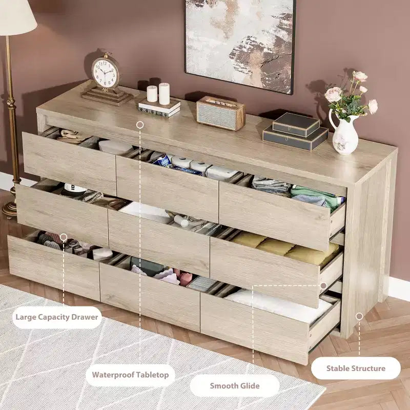 9 Drawer Dresser for Bedroom, Wide Modern Wooden Chest of Drawers with Large Storage, Wood Dresser Organizer for Living Room, Hallway, Entryway