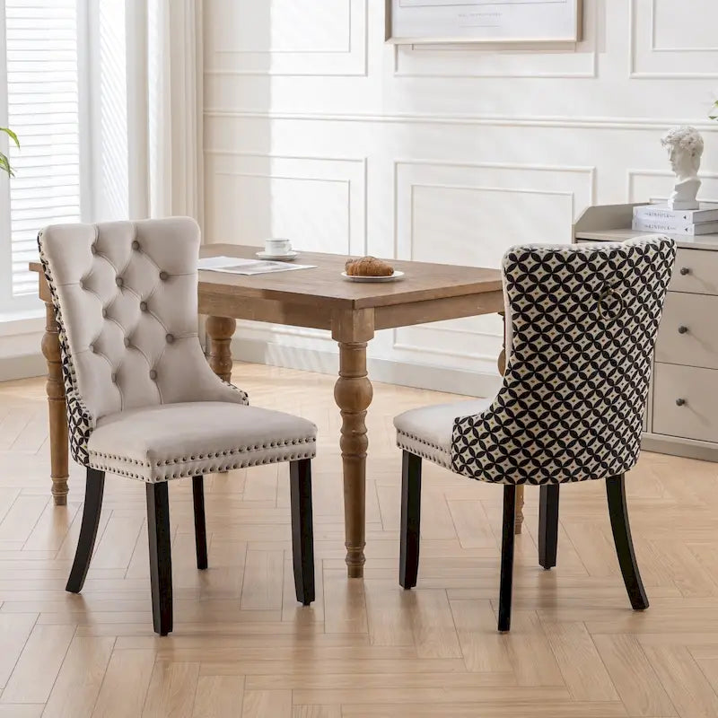 Silla de comedor de terciopelo negra/beige, juego de 2 – Respaldo alto, patas de madera maciza