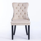 Silla de comedor de terciopelo negra/beige, juego de 2 – Respaldo alto, patas de madera maciza
