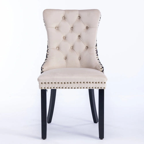 Silla de comedor de terciopelo negra/beige, juego de 2 – Respaldo alto, patas de madera maciza