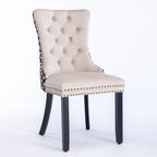 Silla de comedor de terciopelo negra/beige, juego de 2 – Respaldo alto, patas de madera maciza